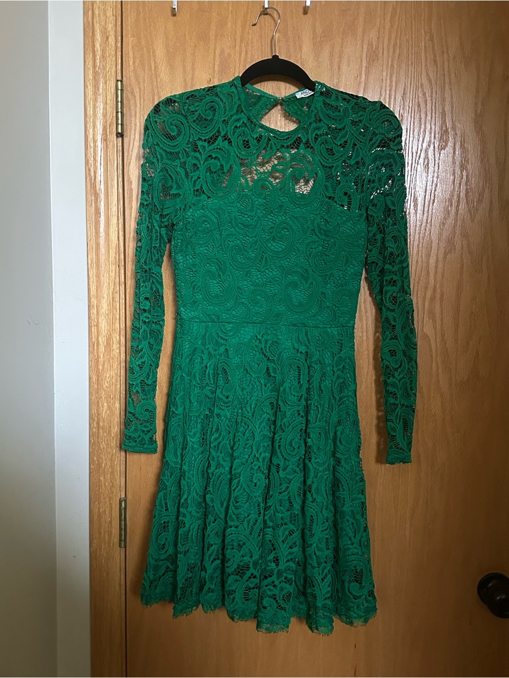 Women's Emerald Green Lace Long Sleeve Fit & Flare Dress